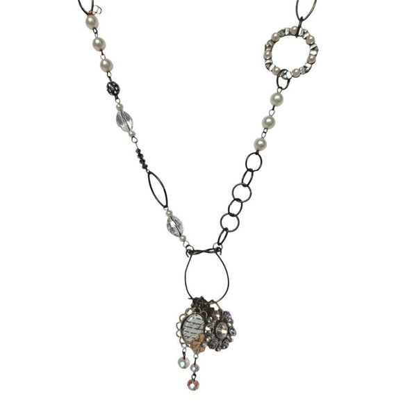 Vintage Plunder Bronze Danielle Pray Long Necklace Boho Pink Faux Pearls Jewelry - Picture 1 of 8